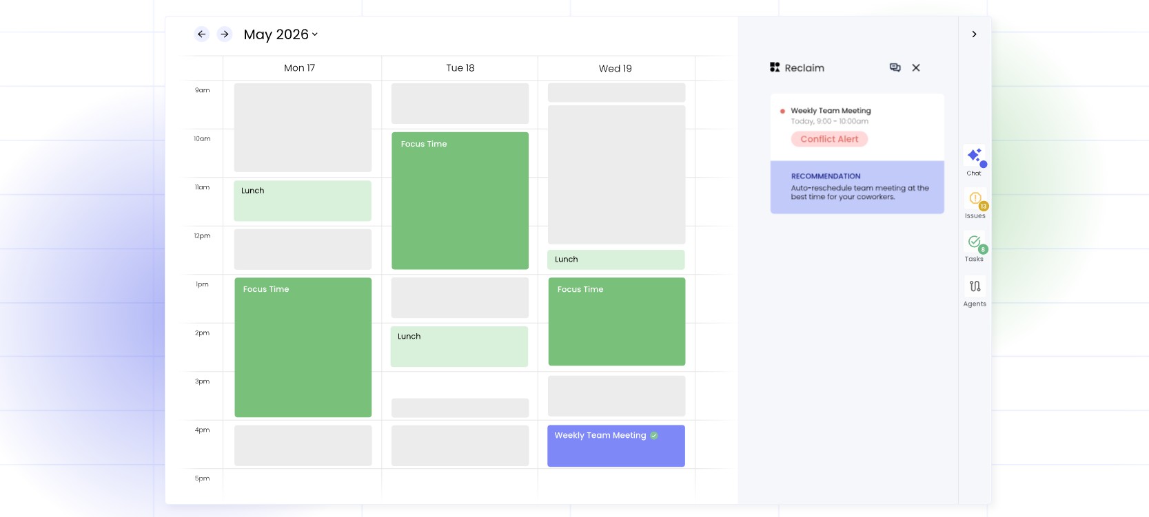 Reclaim AI calendar screenshot showing auto-scheduled tasks for the AI productivity stack