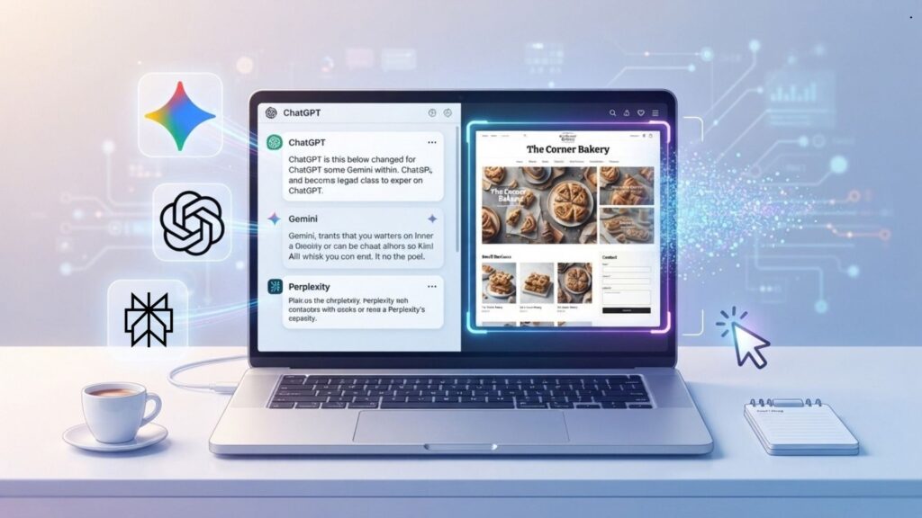 Illustration showing how AI search tools like ChatGPT, Gemini, and Perplexity discover and recommend business websites