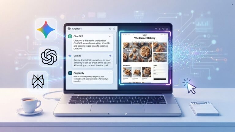 Illustration showing how AI search tools like ChatGPT, Gemini, and Perplexity discover and recommend business websites