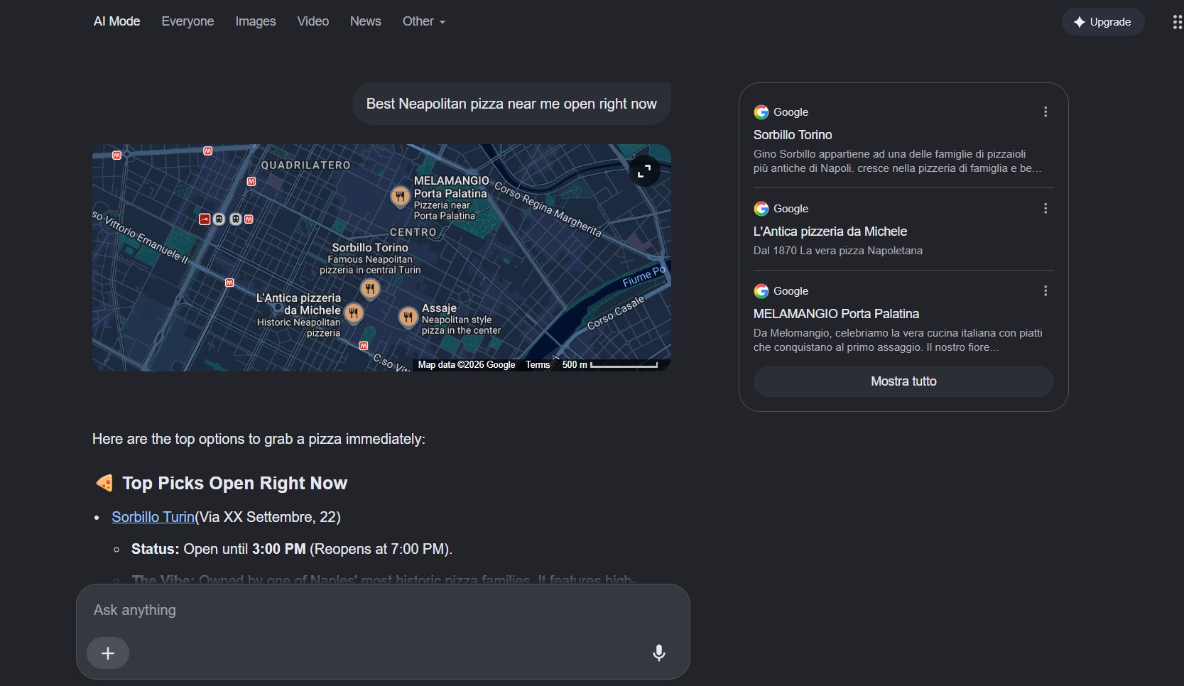 Google AI Mode listing Neapolitan pizzerias open at lunch, with addresses and closing times
