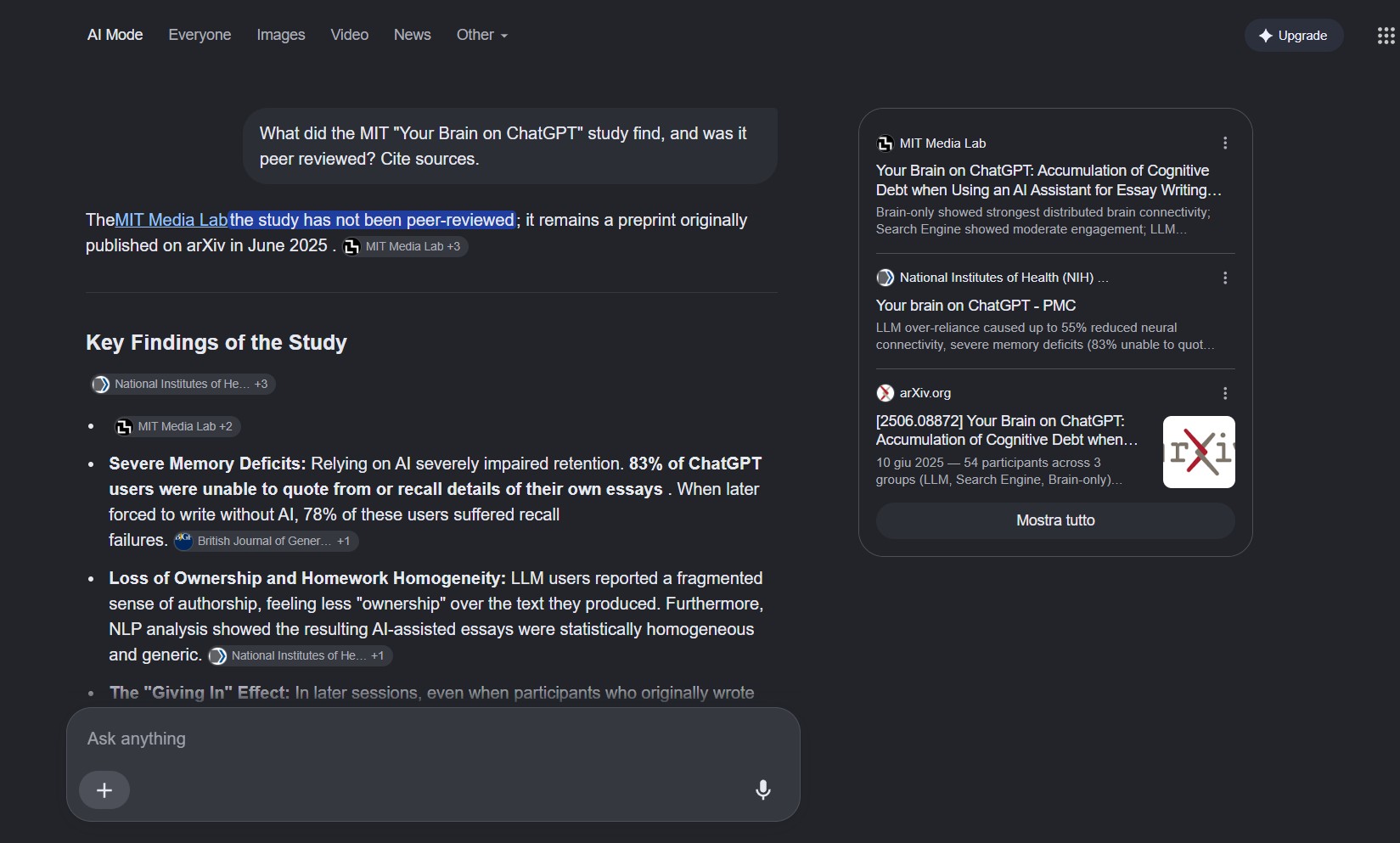 Google AI Mode summarizing the MIT Your Brain on ChatGPT study with source cards
