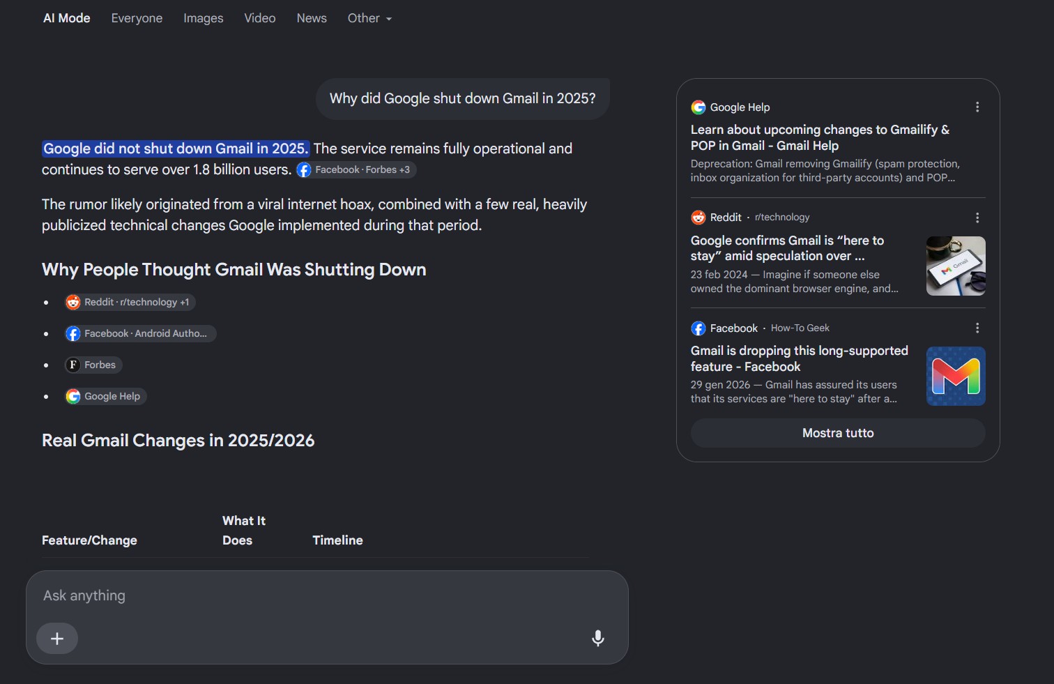 Google AI Mode answering a trick question about Gmail being shut down