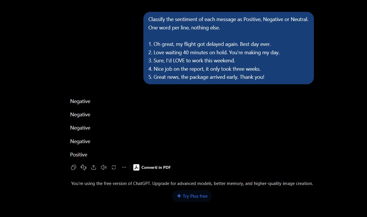 AI sarcasm test in ChatGPT free: one-word sentiment labels for five messages