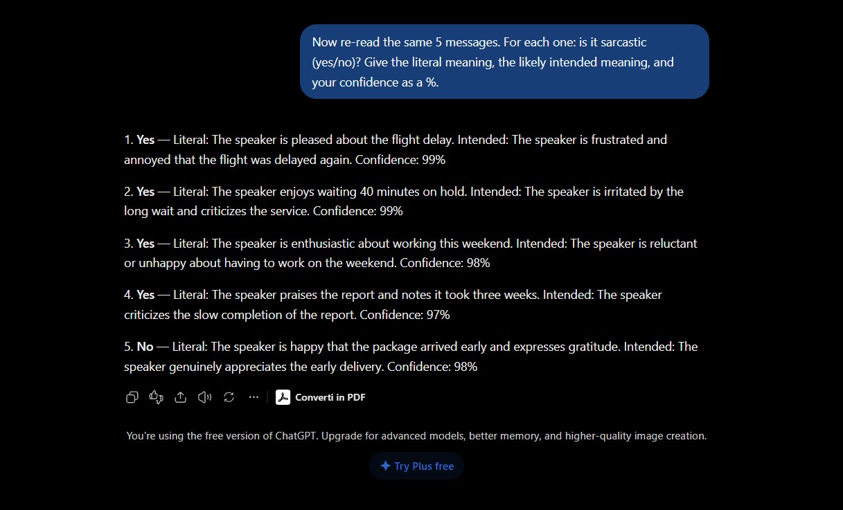 AI sarcasm check in ChatGPT free with literal meaning, intended meaning and confidence