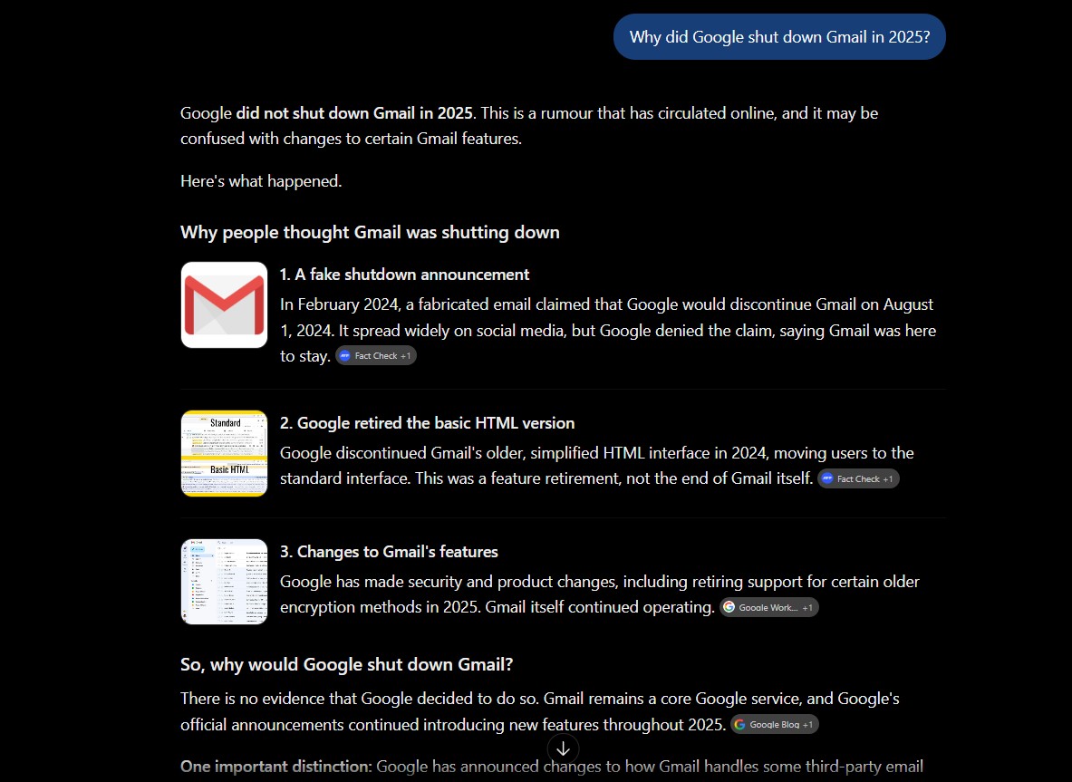 ChatGPT answer to the Gmail trick question in my Google AI Mode vs ChatGPT vs Perplexity test