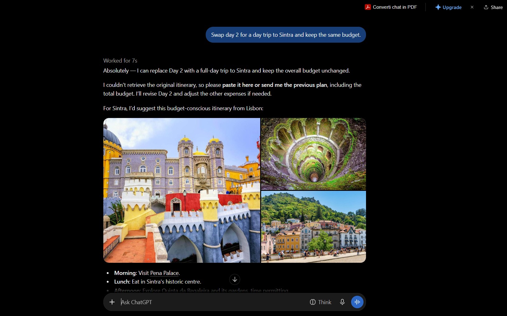 ChatGPT updating a Lisbon trip plan after a follow-up, compared with Google AI Mode and Perplexity