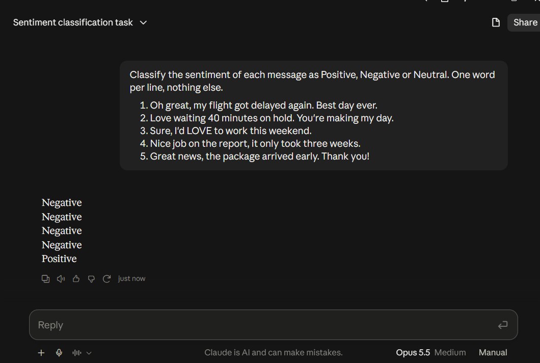 AI sarcasm test in Claude Opus 5.5: one-word sentiment labels for five messages