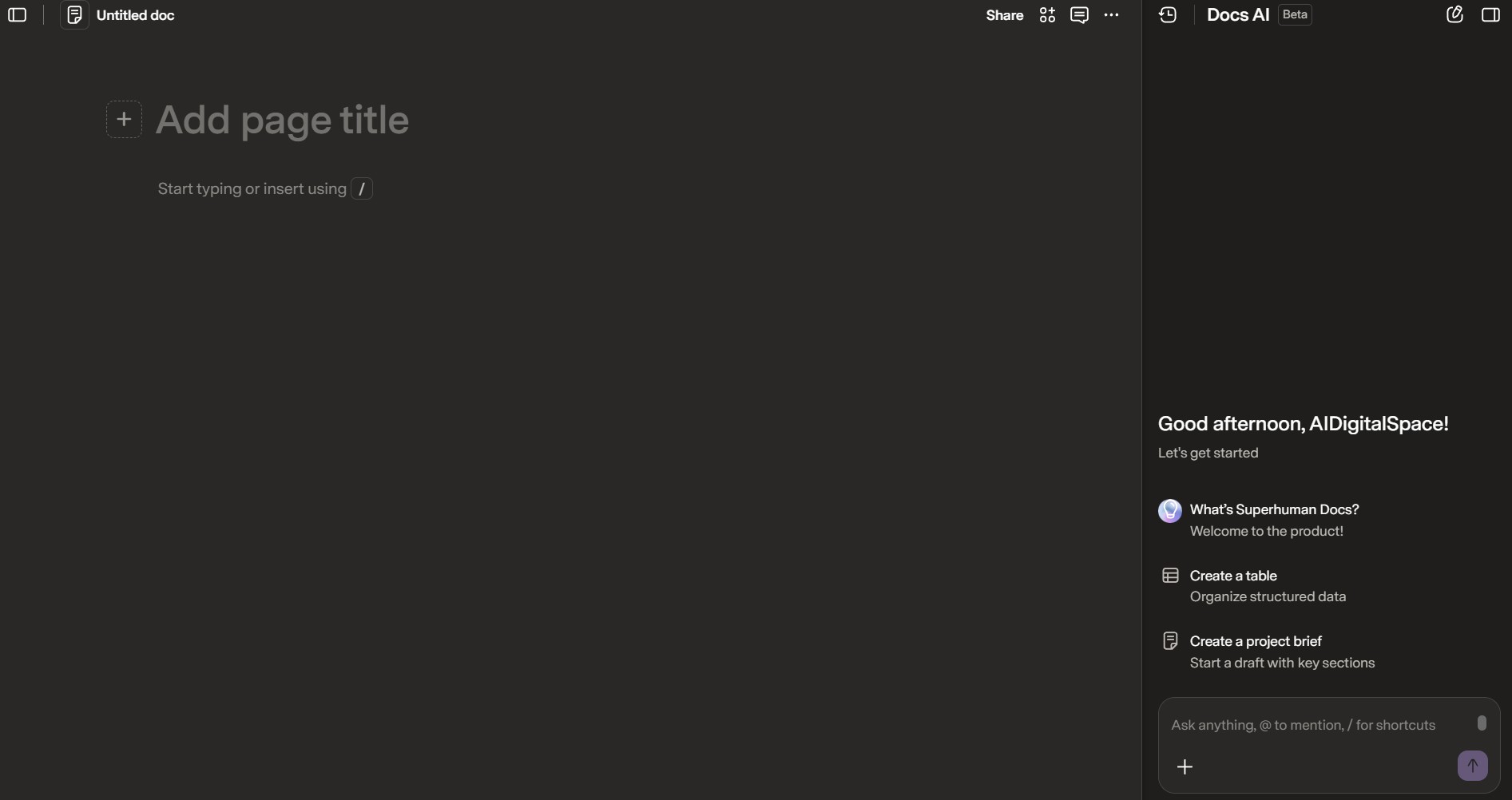 Coda AI table page in Superhuman Docs with the table setup panel