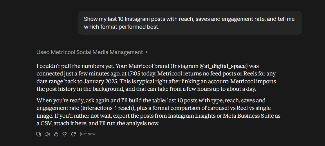 Claude answering with my Instagram reach, saves and engagement rate after I connect Claude to Instagram via Metricool