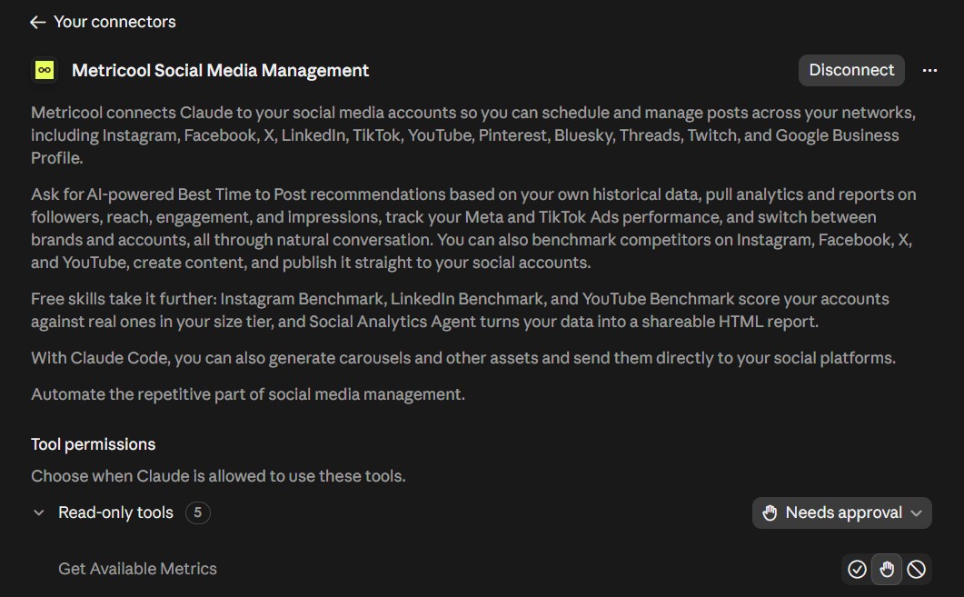 Metricool listed as connected in my Claude connector settings, the first step to connect Claude to Instagram