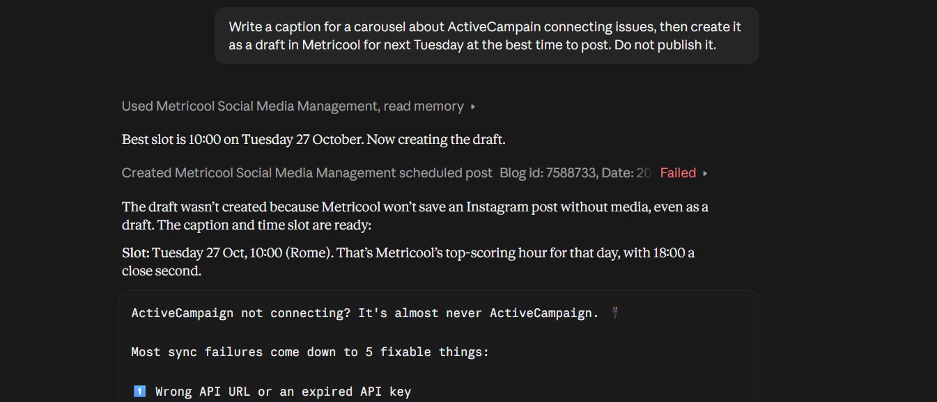 Claude writing a carousel caption and creating a Metricool draft in my Claude to Instagram scheduling test