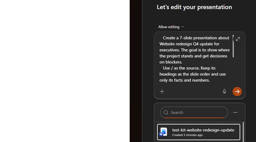 Attaching the Word outline with / in the Copilot PowerPoint pane