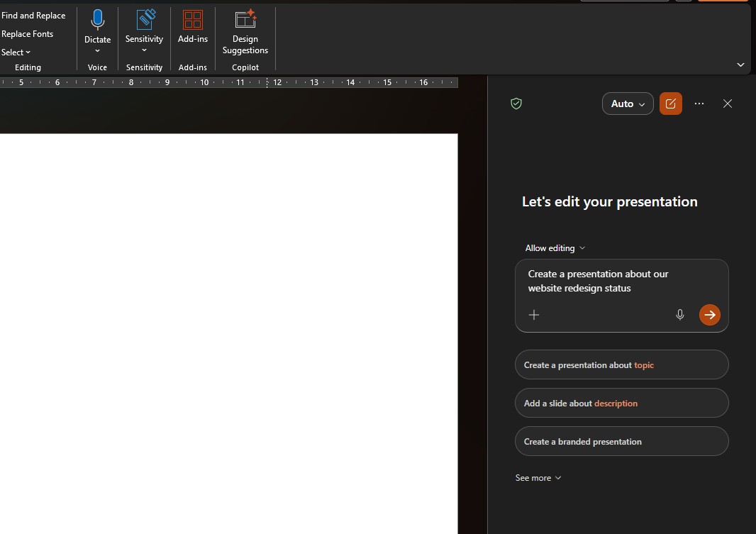 Copilot PowerPoint deck from a one-line prompt with no source file