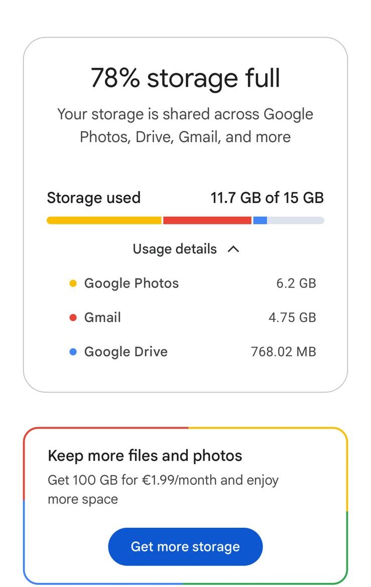 Gmail storage breakdown on Google One: 78% full, Photos 6.2 GB, Gmail 4.75 GB, Drive 768 MB