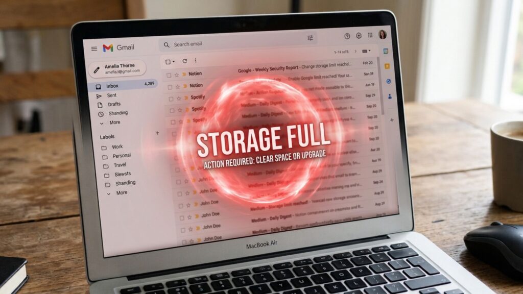 Gmail storage full warning on a laptop with Gmail, Drive and Photos sharing 15 GB