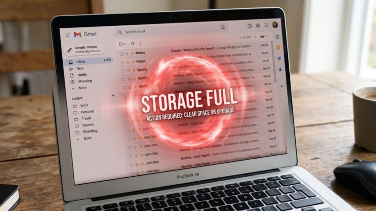 Gmail storage full warning on a laptop with Gmail, Drive and Photos sharing 15 GB