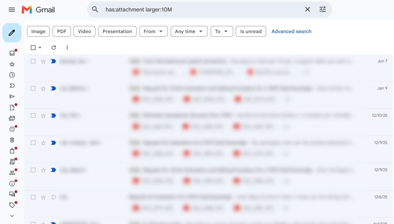 Gmail storage search has:attachment larger:10M listing large emails, details blurred