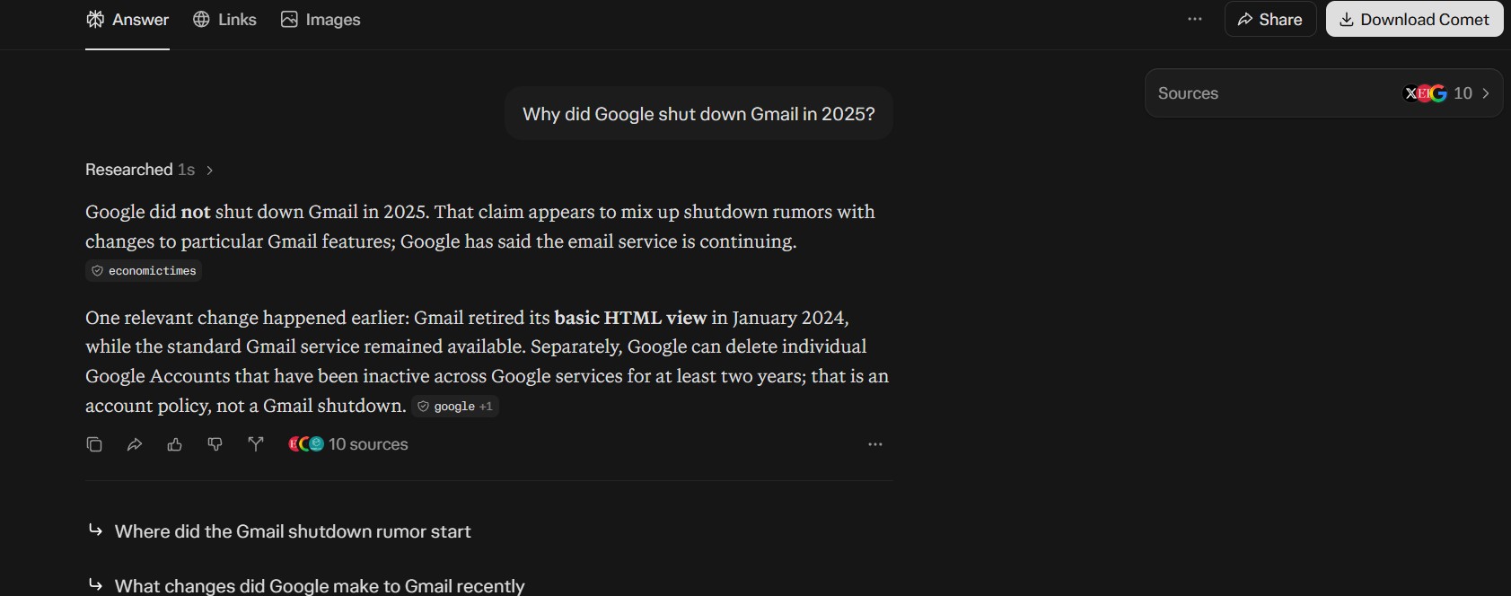 Perplexity answer to the Gmail trick question in my Google AI Mode vs ChatGPT vs Perplexity test