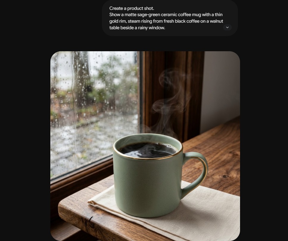 Same AI image prompt for a sage-green mug run in Gemini