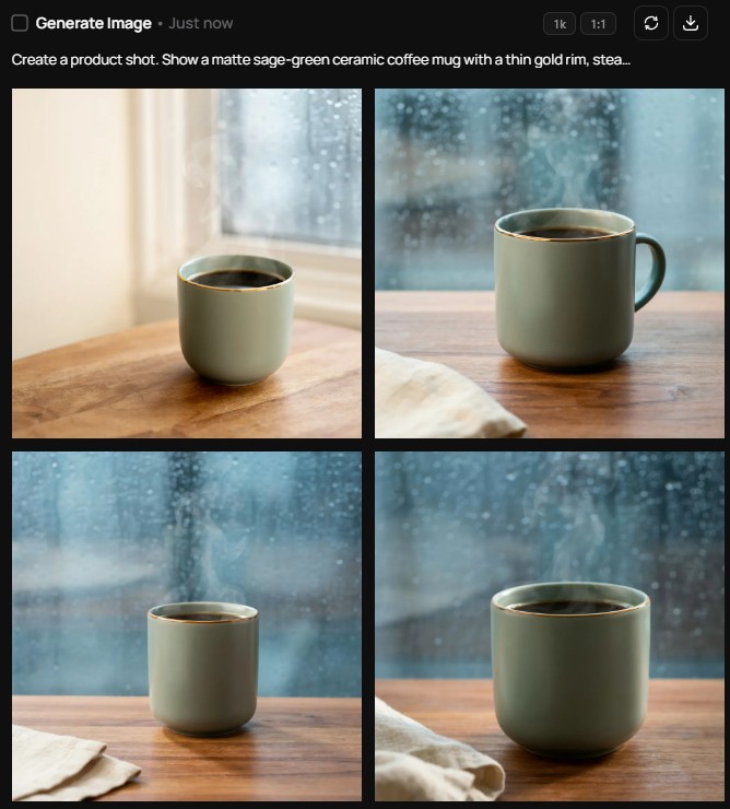 Same AI image prompt for a sage-green mug run in Ideogram