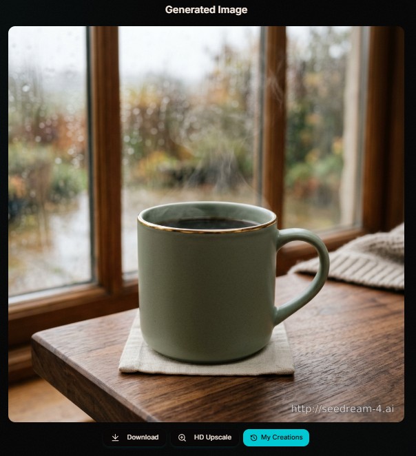 Same AI image prompt for a sage-green mug run in Seedream, free-plan watermark visible