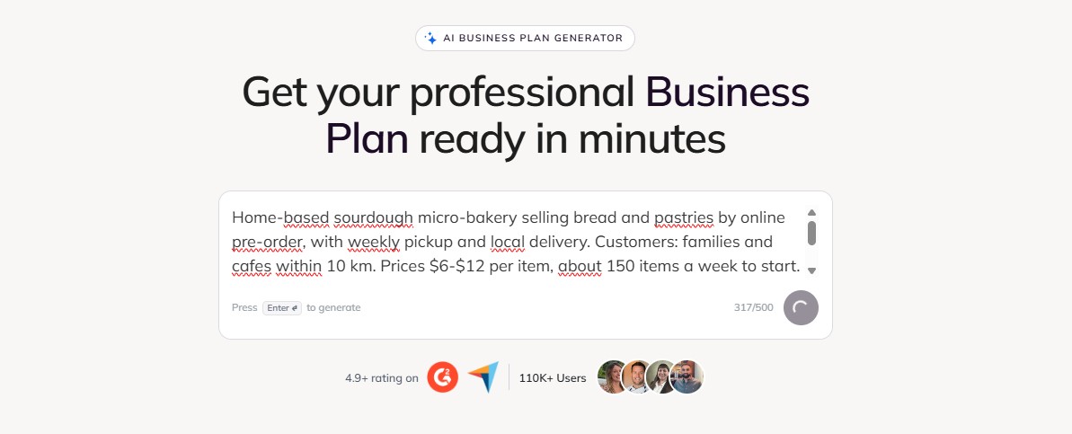 Upmetrics free AI business plan generator with my micro-bakery test prompt